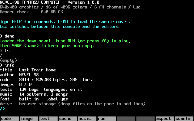 The console after loading the demo and typing info