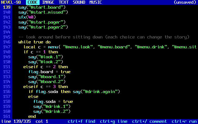 The code editor showing the demo's command menu loop