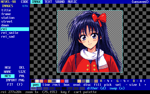 The image editor with Rei's portrait and the 16-color palette strip