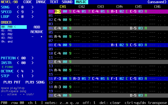 The music tracker with six channels of notes