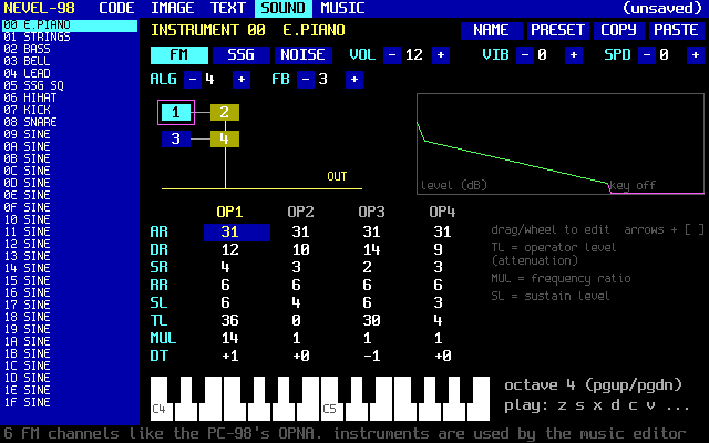 The sound editor showing an FM algorithm diagram and operator parameters