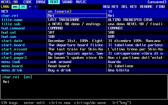 The text editor with keys and English and Italian columns