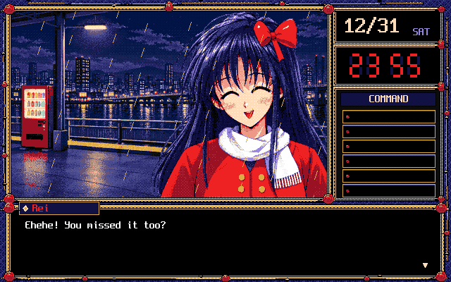 Rei, smiling on the station platform, says: Ehehe! You missed it too?